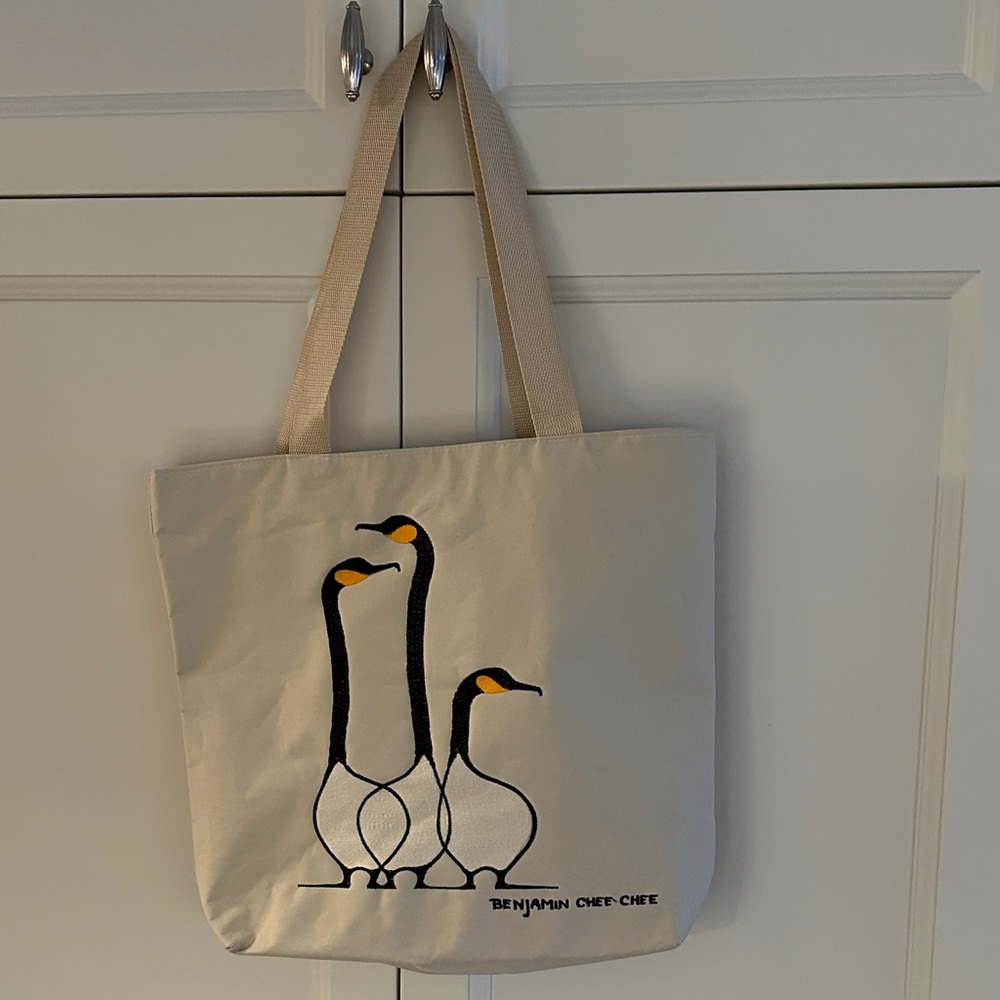 Beige Tote Bag with Penguin Design